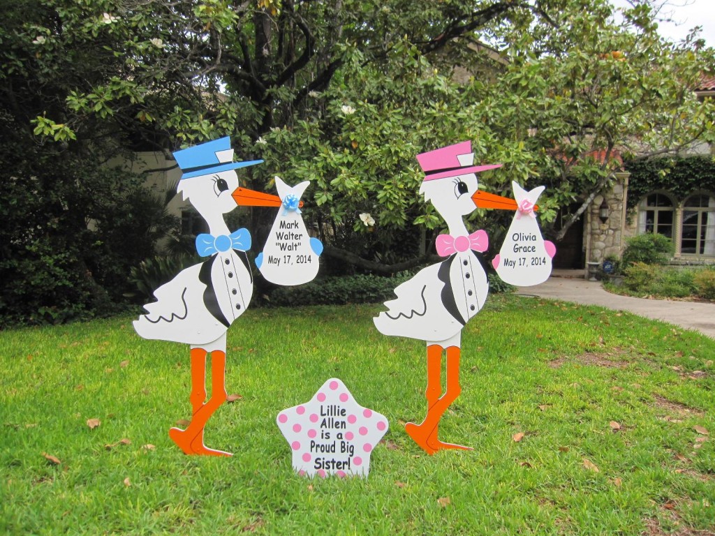 Twin Stork Lawn Sign Birth Announcements Flying Storks Brunswick, MD (301)301-606-3091